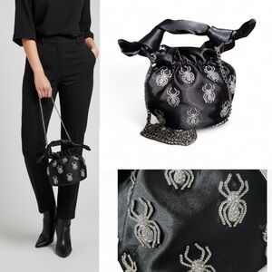 Elegant Black Satin Mini Hand Bag with Silver Spider Embellishments
